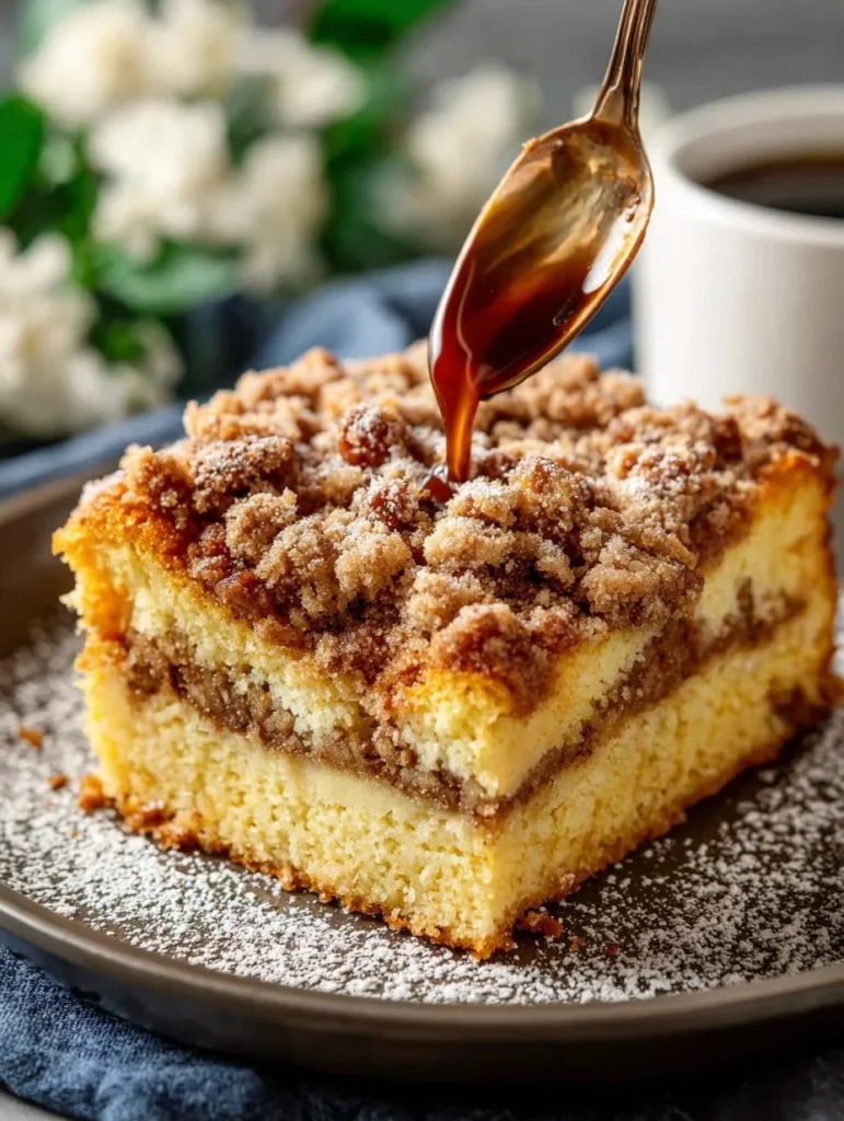 Slice of Sour Cream Coffee Cake on a plate with a coffee cup