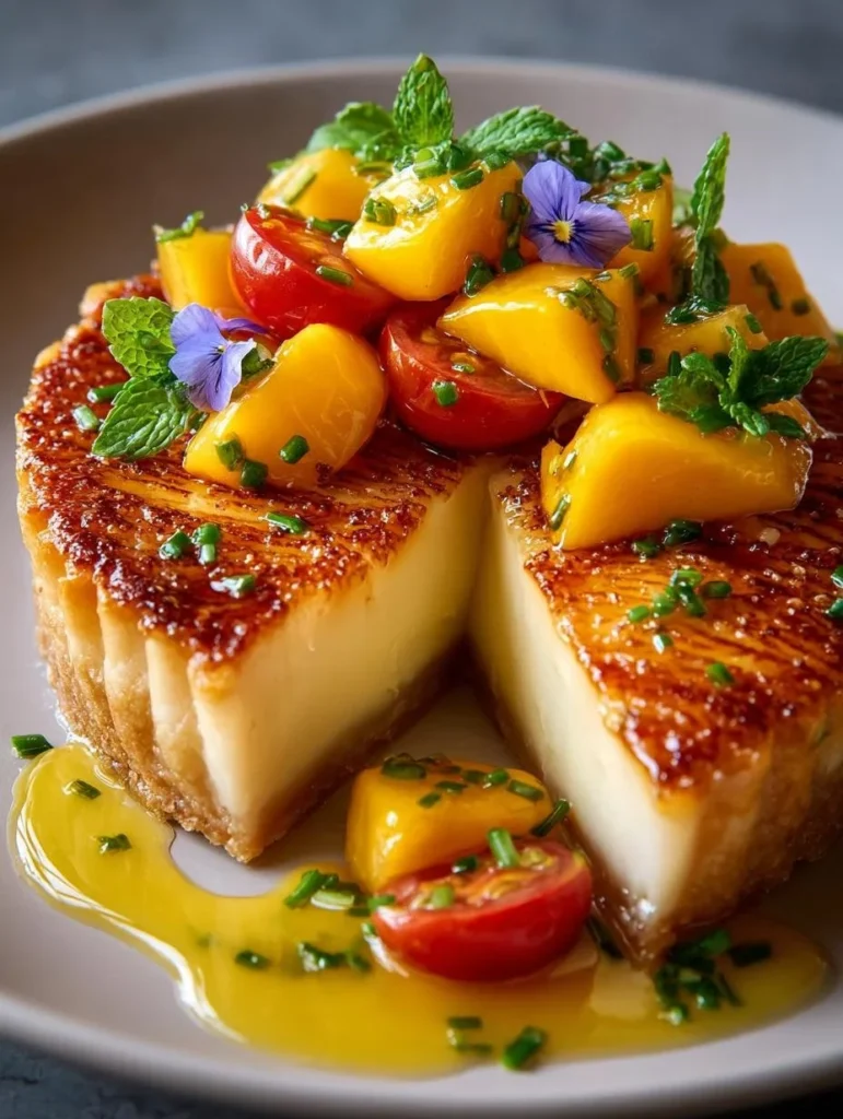 No-bake mango tart topped with fresh mango slices and coconut flakes