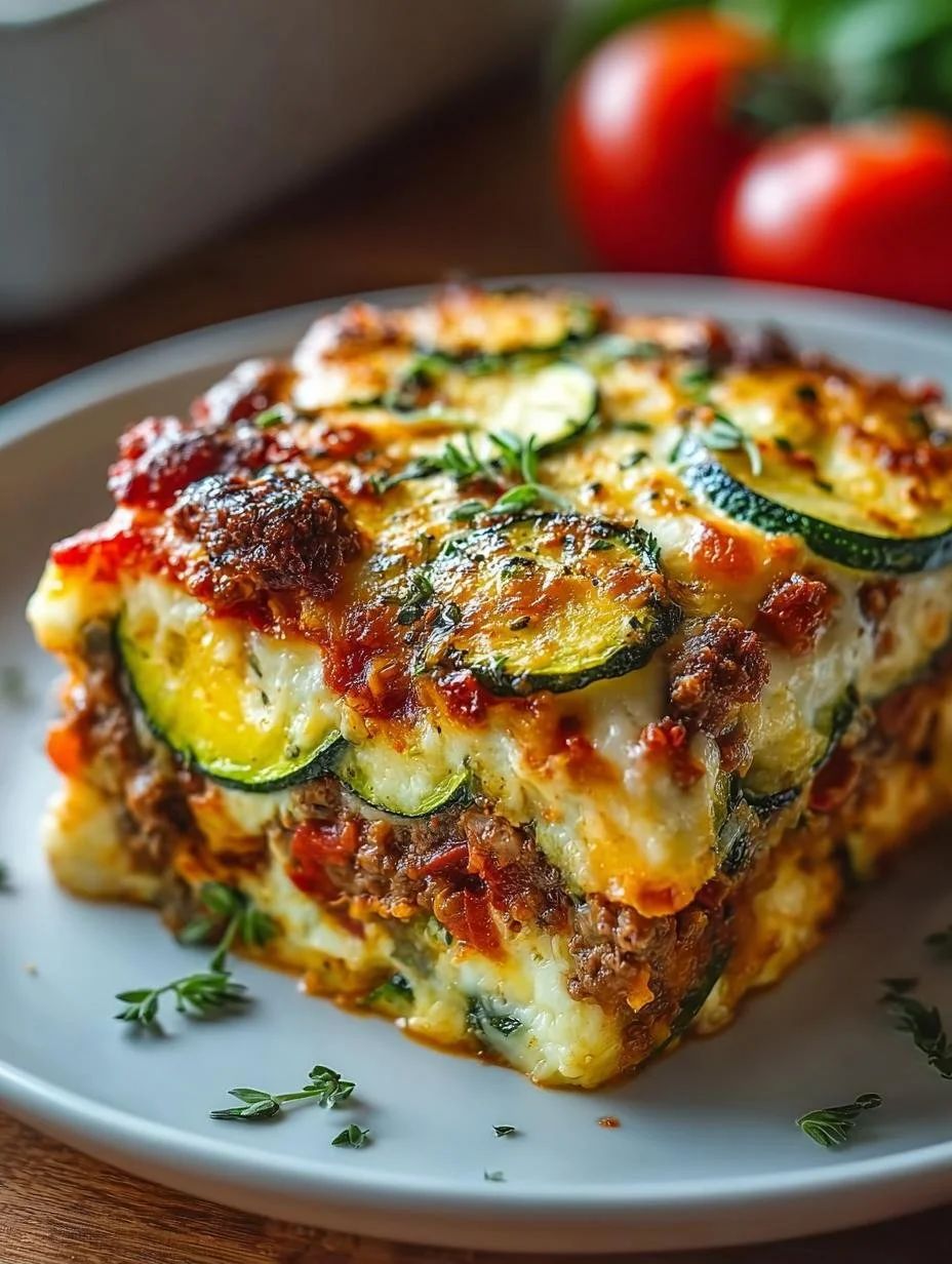 Zucchini Pizza Casserole dish topped with cheese and vegetables