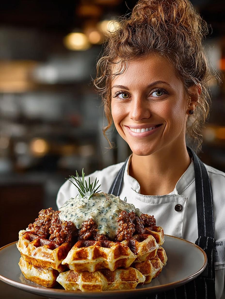 Cheddar Chive Waffles with Savory Sausage Gravy - Cheddar Chive Waffles with - main visual representation