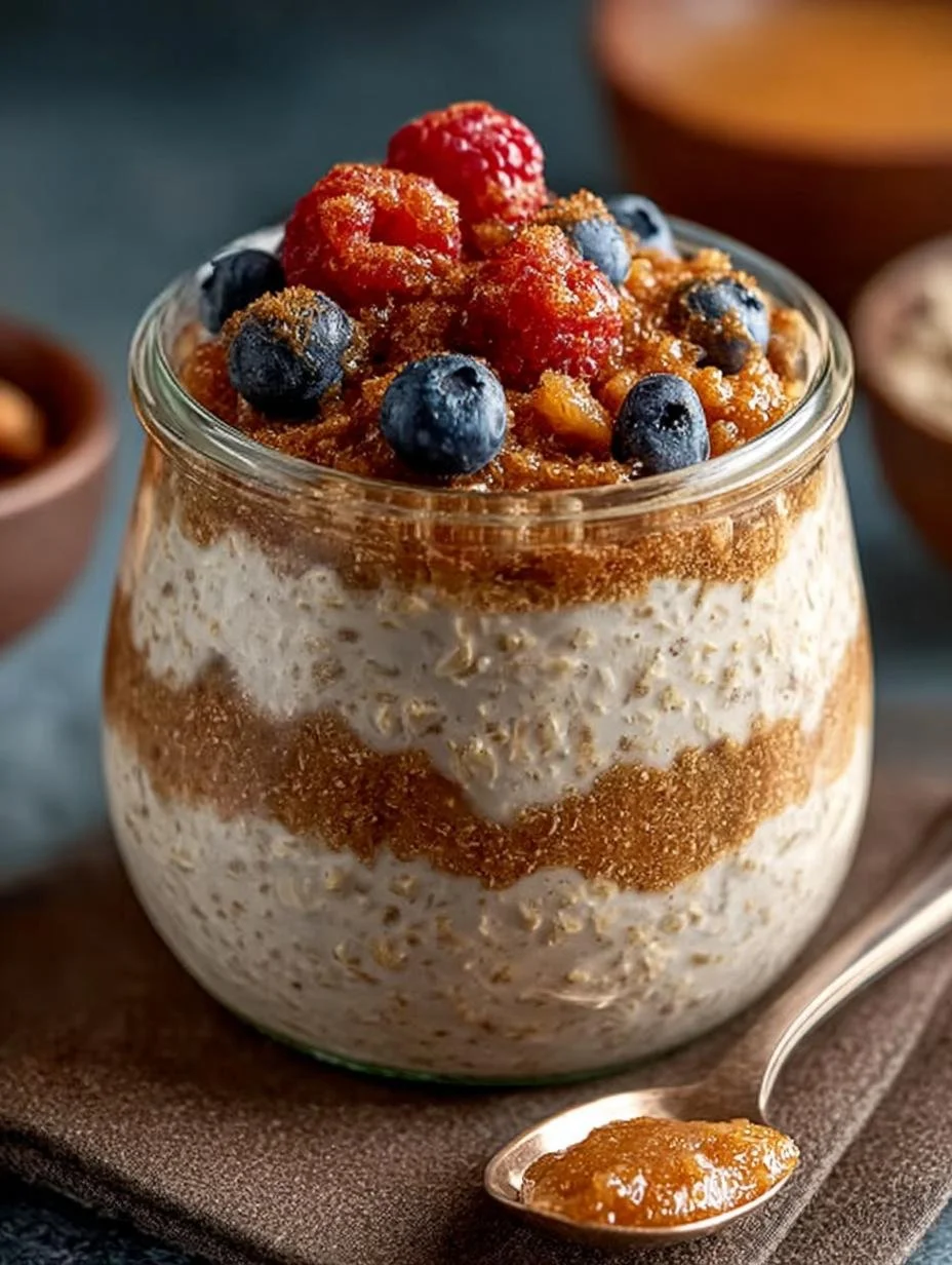 Delicious bowl of brown sugar overnight oats topped with fresh fruits and nuts