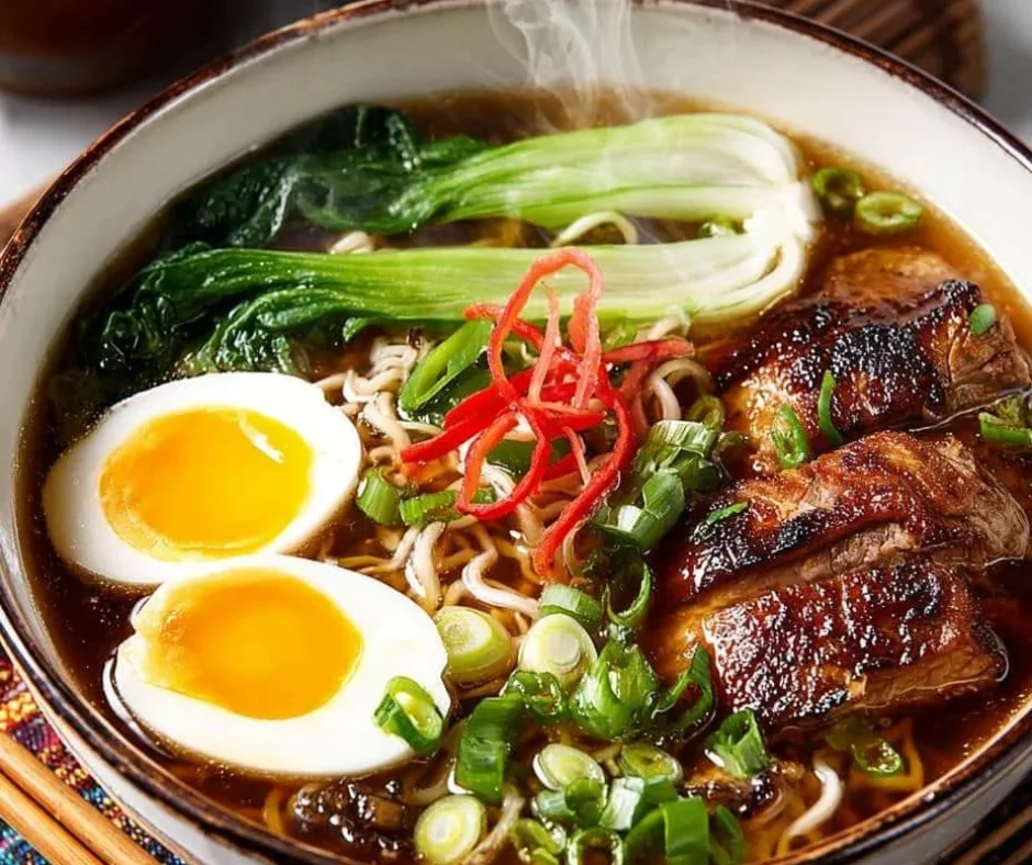 Delicious homemade Chicken Ramen Soup in a bowl with vegetables and noodles