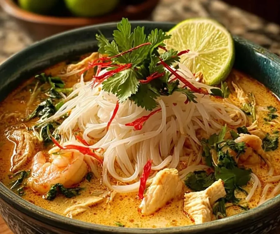 Bowl of Coconut Curry Soup with Rice Noodles topped with fresh herbs