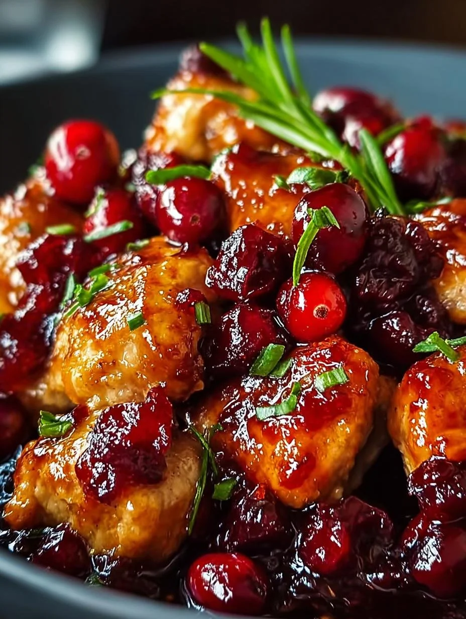 Plate of flavorful cranberry orange chicken garnished with herbs.