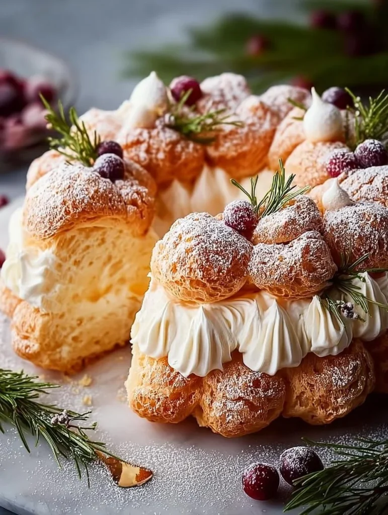 Beautiful cream puff wreath dessert featuring cream puffs arranged in a festive design