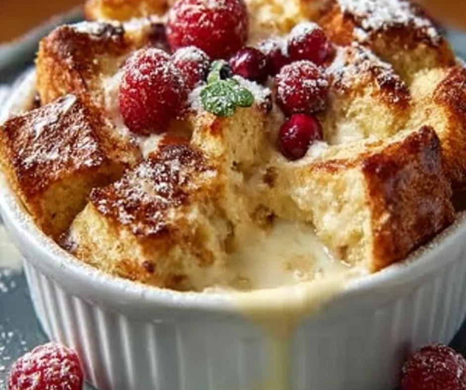 Decadent Eggnog Bread Pudding served with a sprinkle of nutmeg