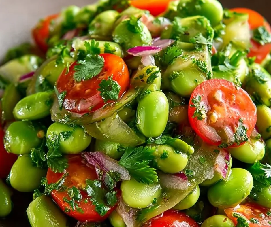Edamame salad with cilantro served in a bowl, garnished with fresh herbs.