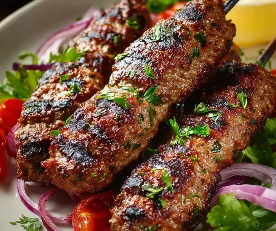 Delicious grilled kofta kebabs served with fresh vegetables