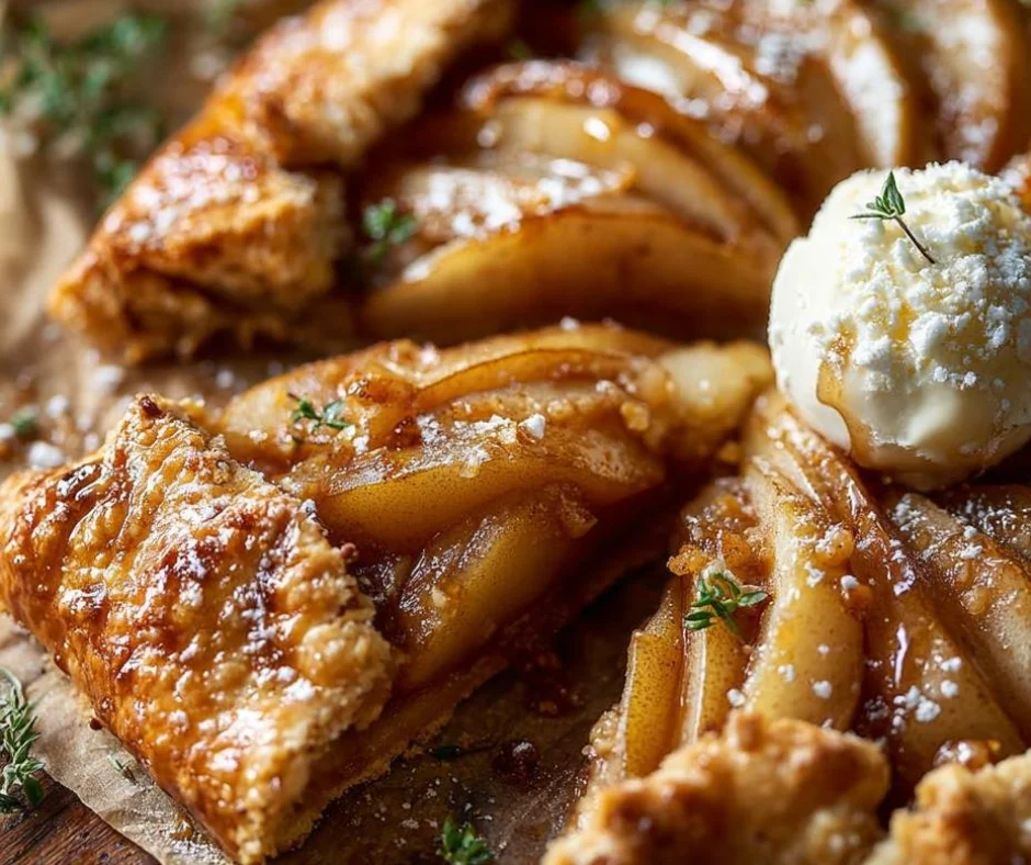 Freshly baked Ginger Pear Galette topped with pear slices and ginger garnish