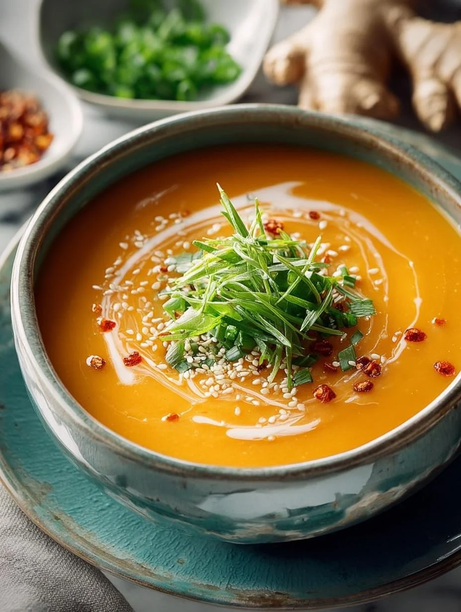 Bowl of ginger sweet potato soup garnished with herbs