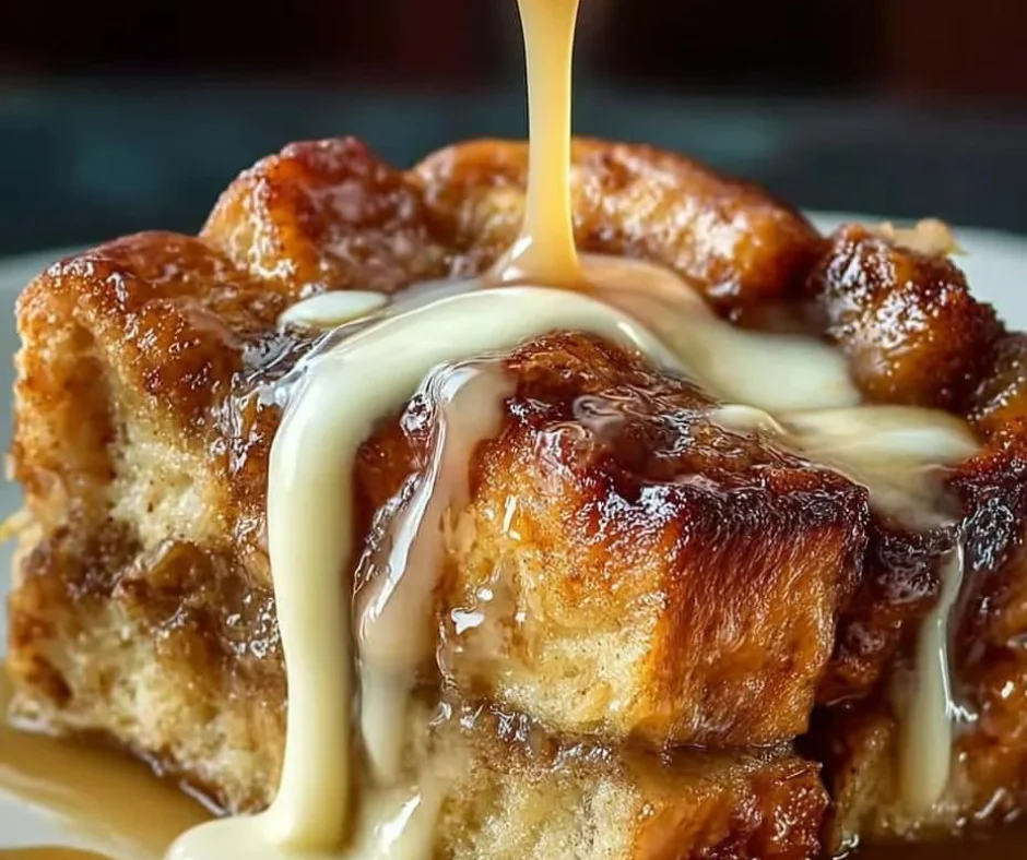 Indulgent cinnamon bread pudding served in a cozy dish.