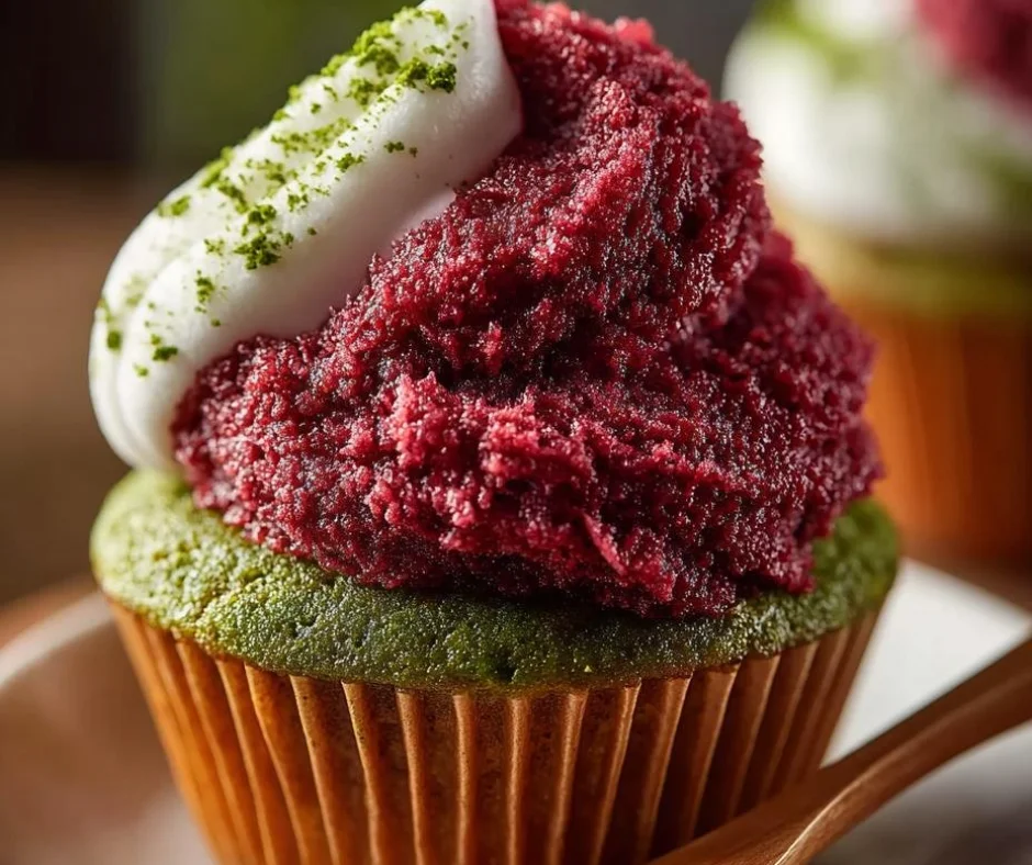 Delicious matcha green tea cupcakes topped with creamy frosting