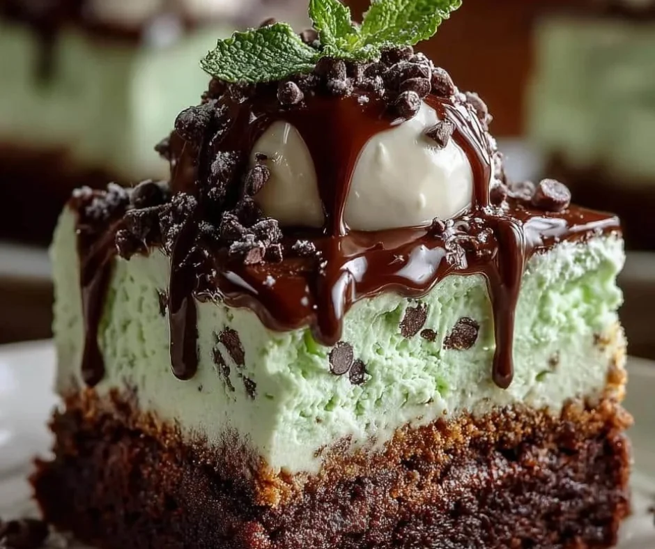 Mint chocolate chip ice cream cake with a rich, creamy texture and chocolate chips