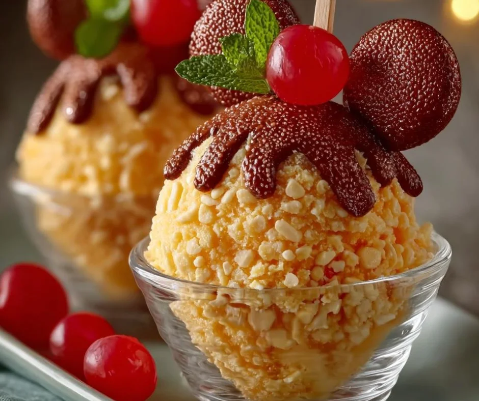 A bowl of refreshing peach sorbet garnished with fresh peach slices.