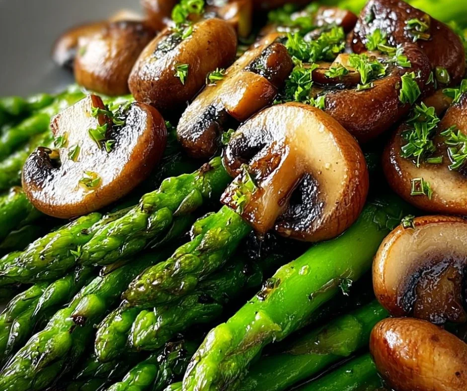 Sautéed asparagus and mushrooms with garlic served on a plate