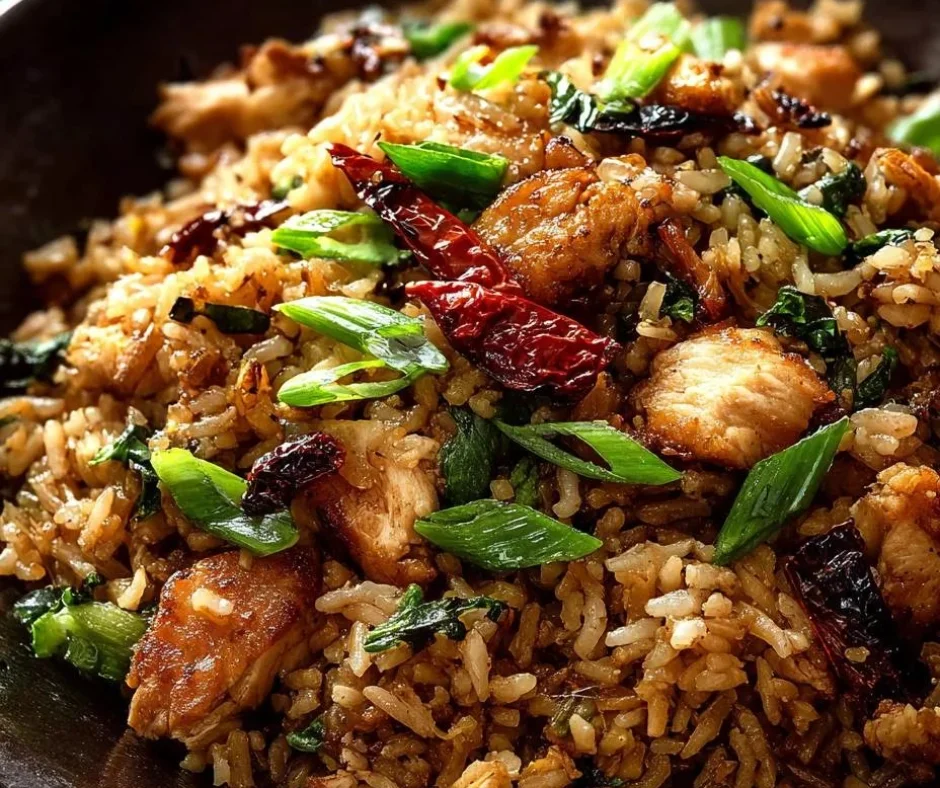 Plate of Sesame Ginger Chicken Fried garnished with sesame seeds and green onions.