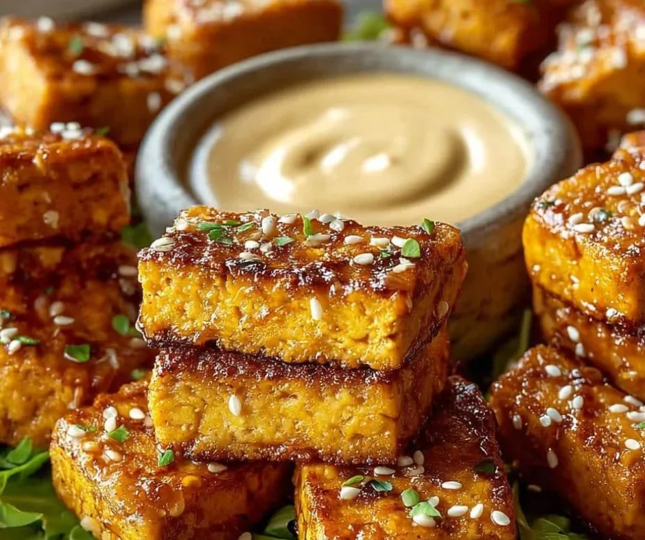 Vegan honey mustard tempeh dish served on a plate with garnishes.