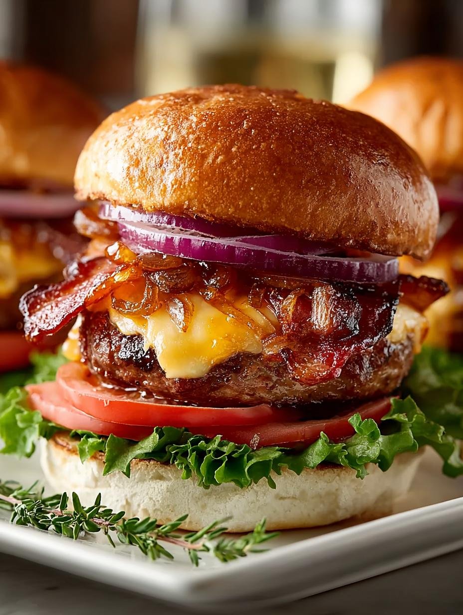 Ultimate Beef Bacon Cheeseburgers with Caramelized Onions - Beef Bacon Cheeseburgers with - main visual representation
