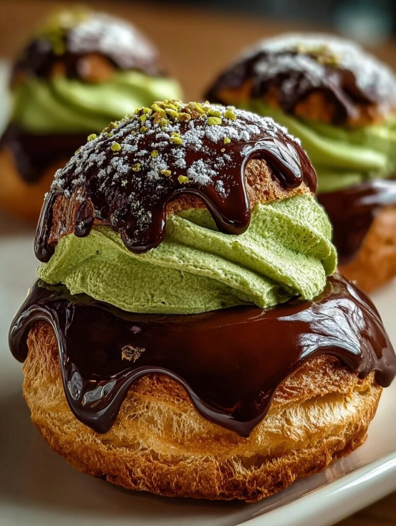 Pistachio Chocolate Choux Buns