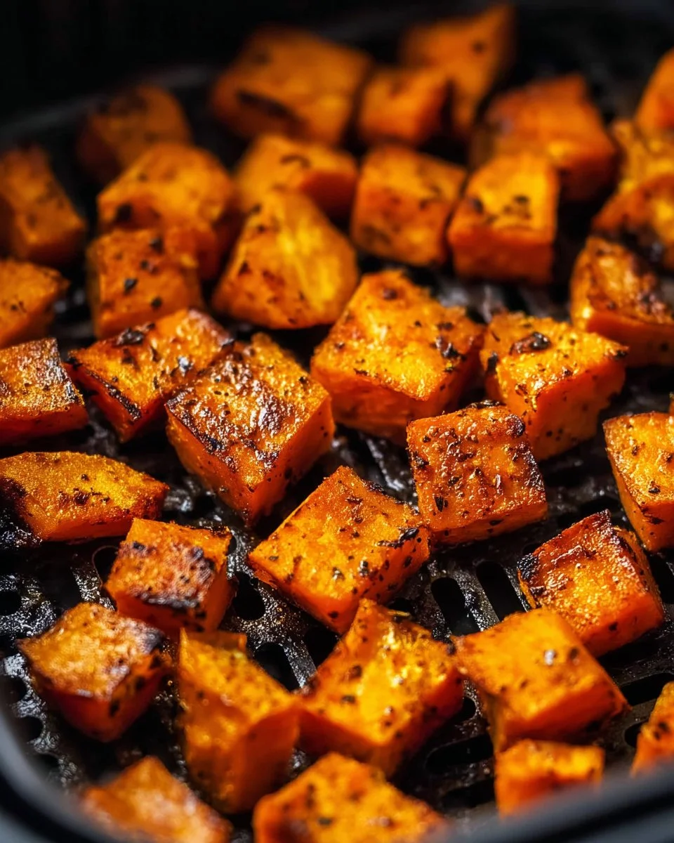 Crispy air fryer sweet potato cubes served in a bowl
