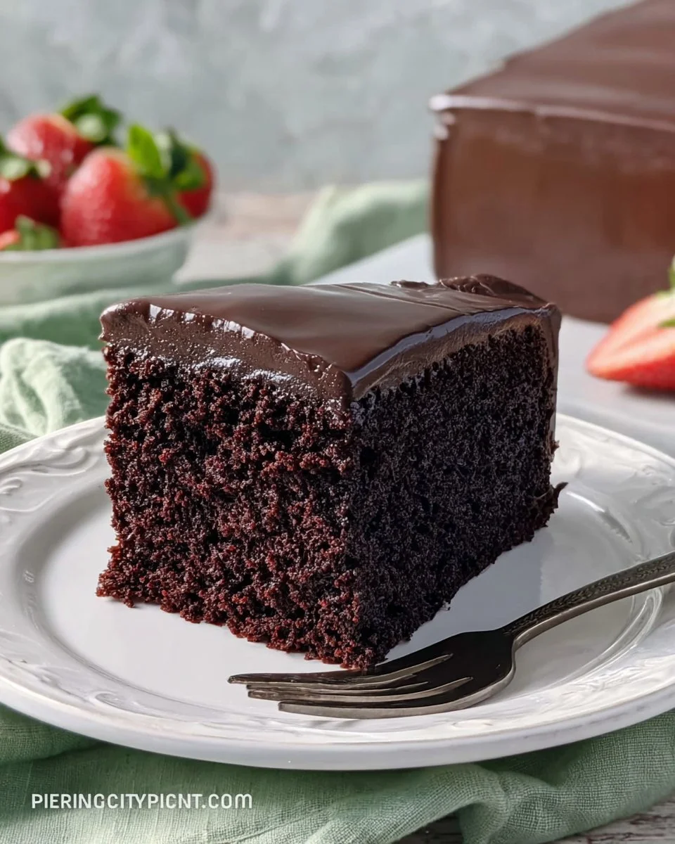 Delicious and rich chocolate cake topped with chocolate frosting