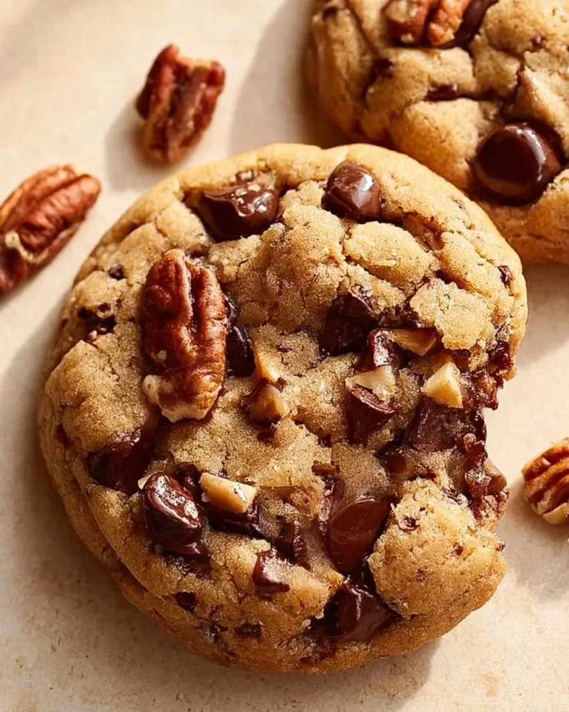 Browned butter pecan chocolate chip cookies baked to perfection