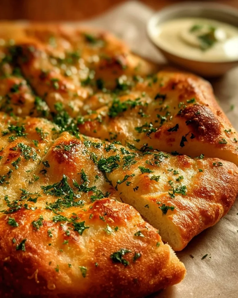 A plate of golden cottage cheese flatbread served with fresh herbs and toppings.