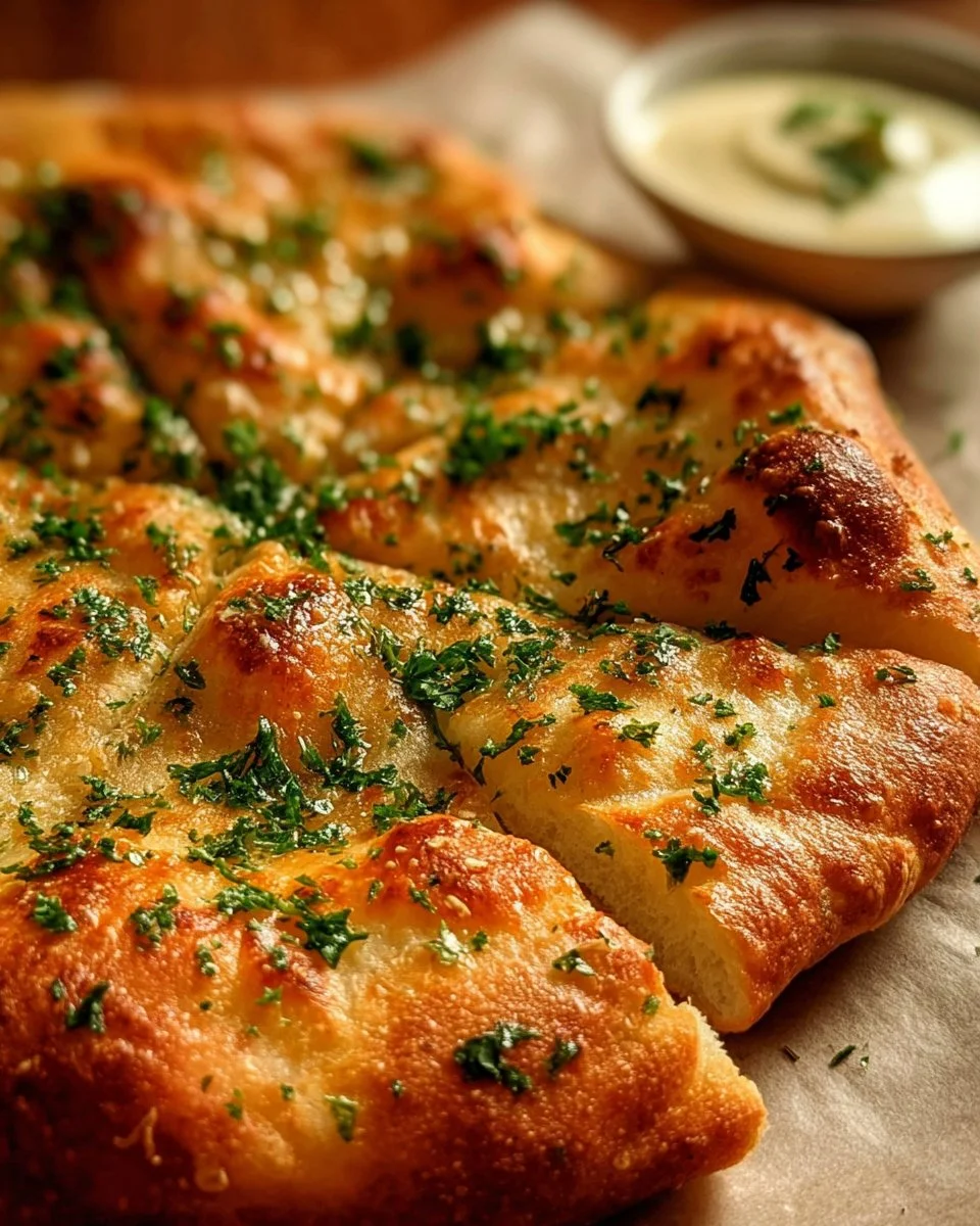 Cottage Cheese Flatbread 1 A plate of golden cottage cheese flatbread served with fresh herbs and toppings.