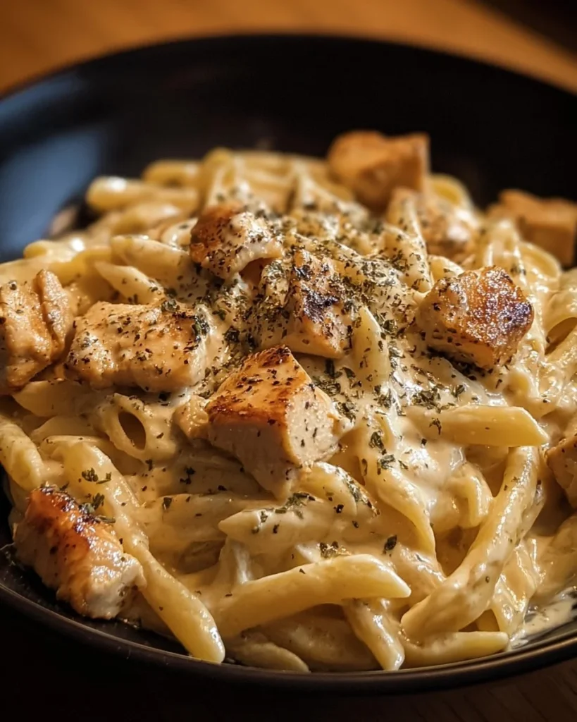 Plate of creamy Cajun chicken pasta with colorful vegetables and herbs
