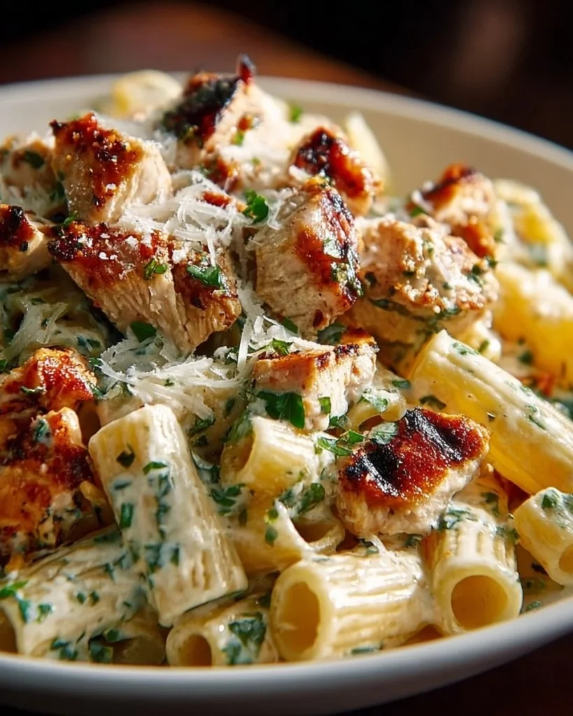Creamy pesto chicken pasta garnished with fresh basil and parmesan cheese