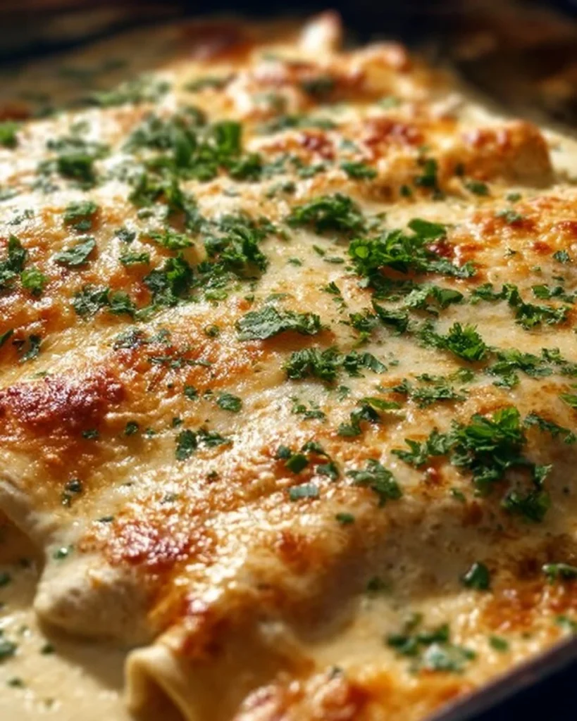 Delicious creamy white chicken enchiladas topped with cheese and cilantro