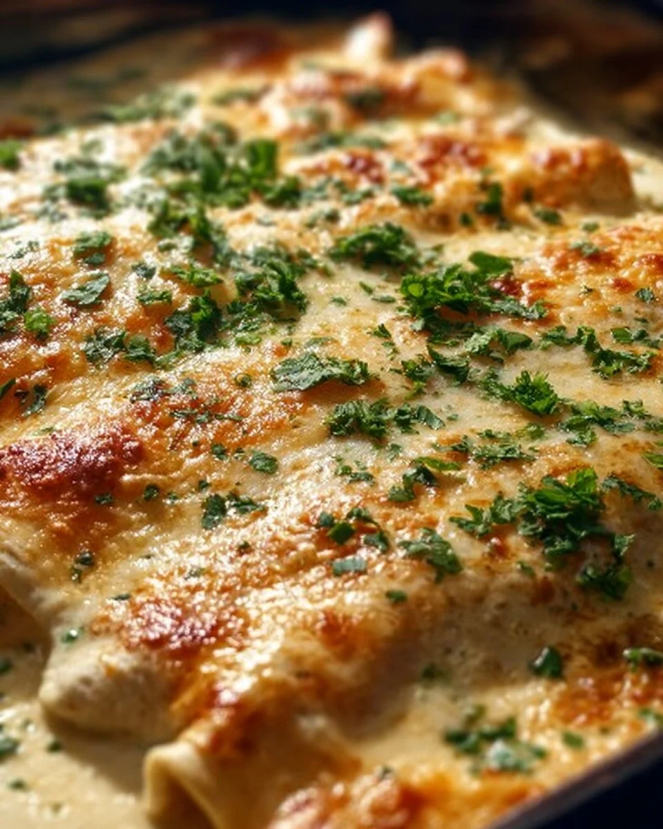 Delicious creamy white chicken enchiladas topped with cheese and cilantro