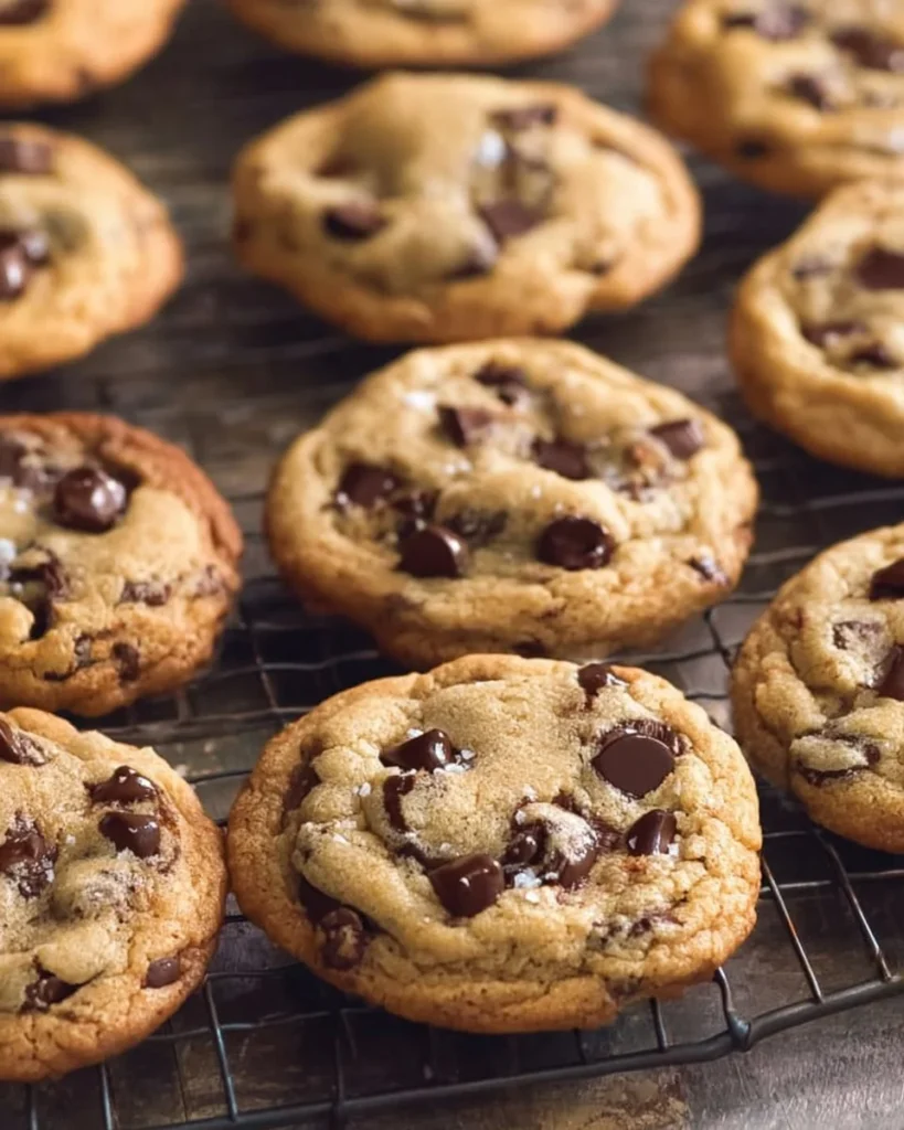 Delicious crispy and chewy chocolate chip cookies stacked on a plate