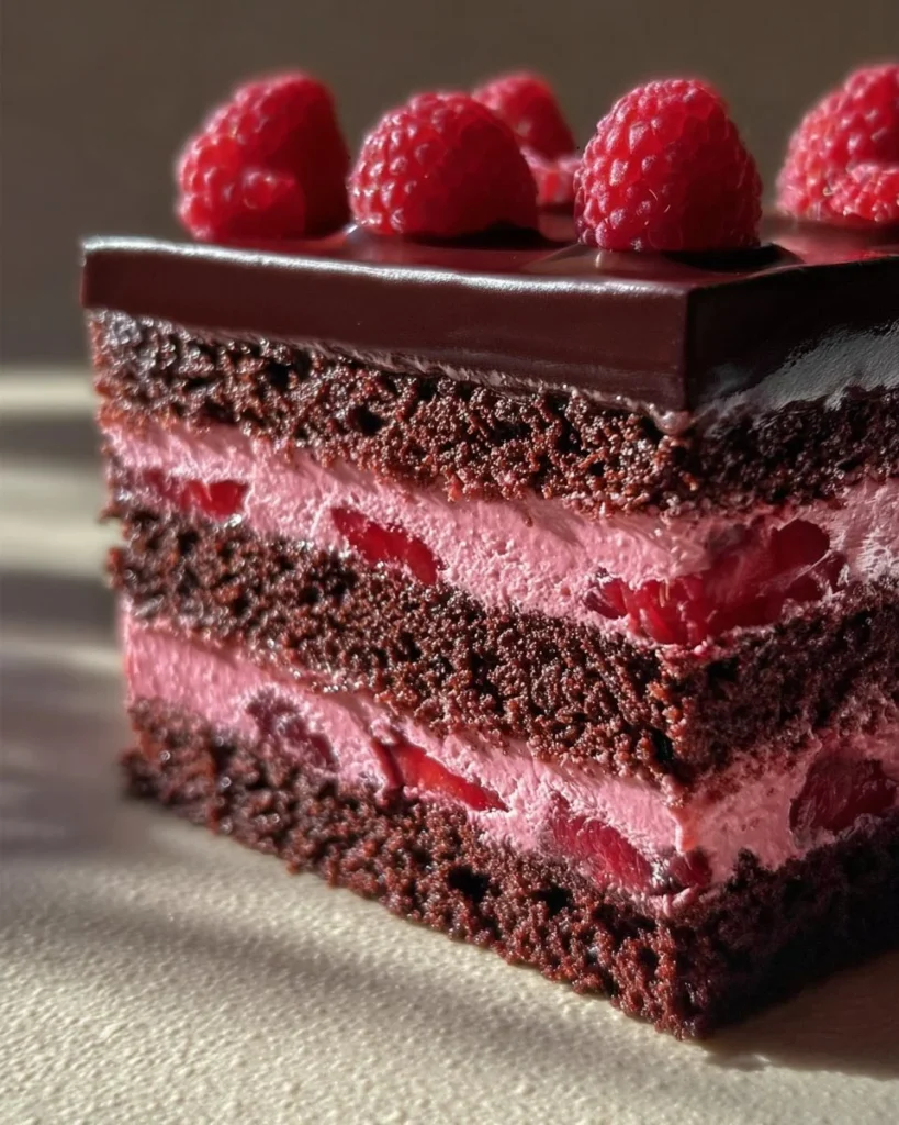 Dark chocolate raspberry mousse cake topped with fresh raspberries and chocolate shavings.