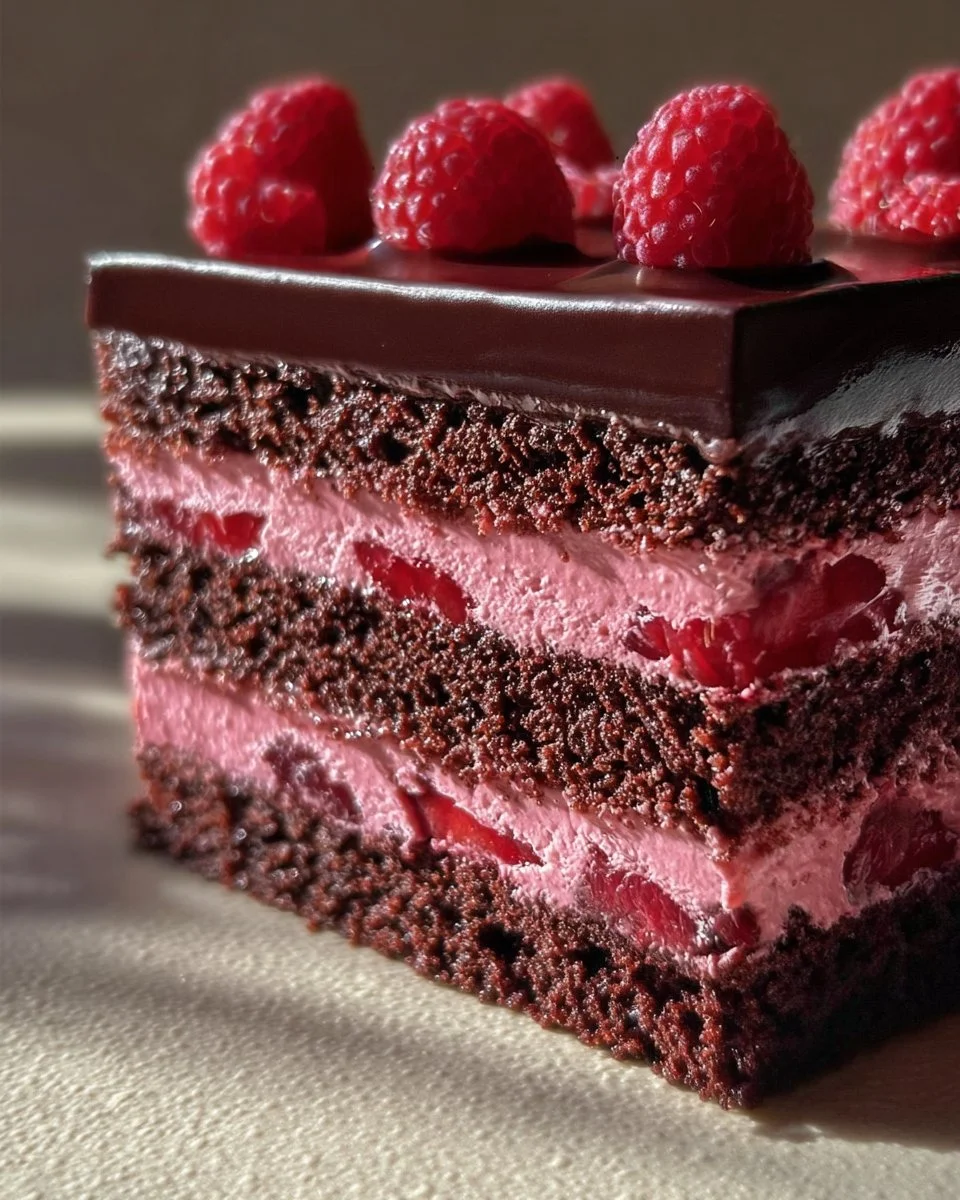 Dark chocolate raspberry mousse cake topped with fresh raspberries and chocolate shavings.