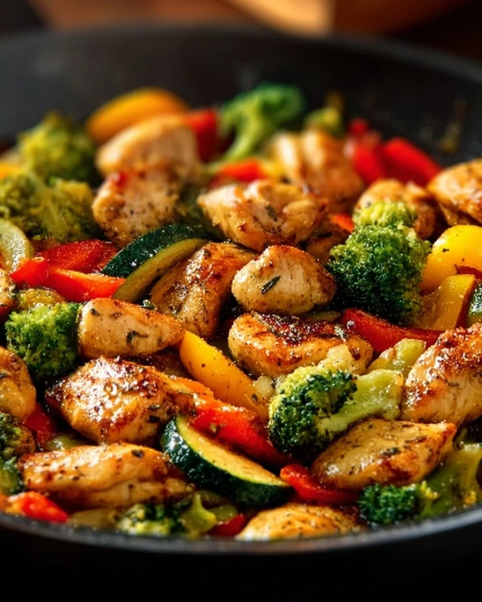 Healthy chicken and vegetables skillet dish served in a cast-iron pan