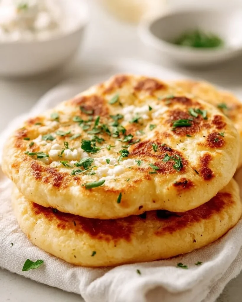 Healthy cottage cheese flatbread topped with fresh herbs and vegetables