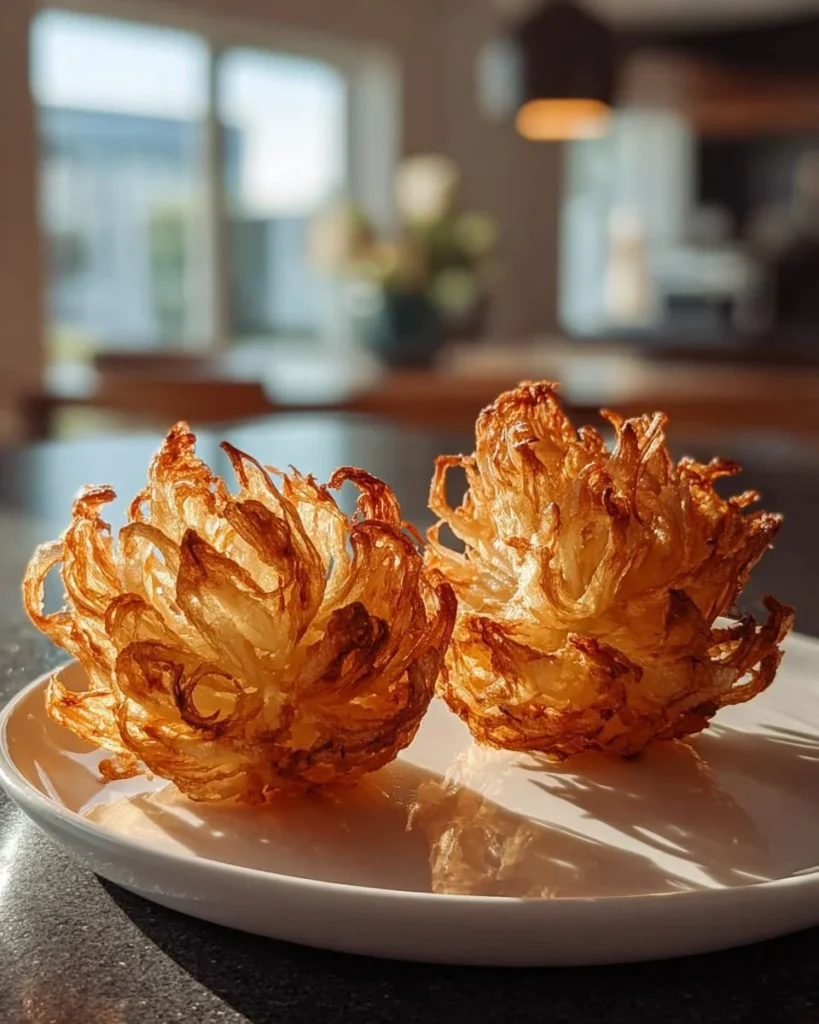 Crispy air fryer blooming onions with minimal oil, served as a healthy snack.