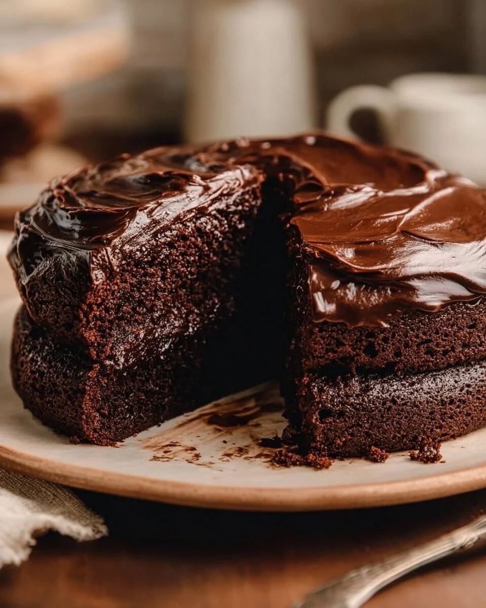 Matilda's rich chocolate cake decorated with chocolate frosting and sprinkles.