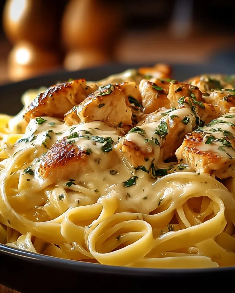One-pan chicken dish served with buttered noodles on a plate