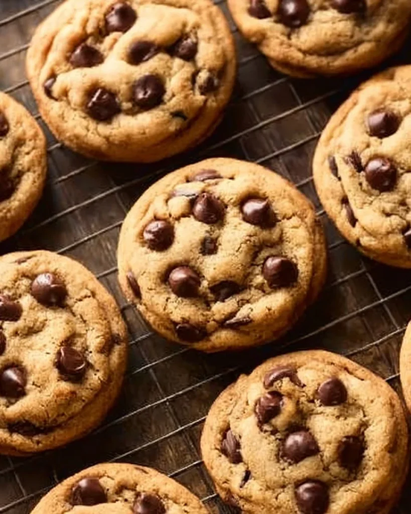 Freshly baked perfect chocolate chip cookies cooling on a rack