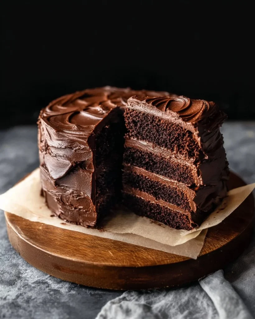 Small chocolate cake topped with frosting and sprinkles, ready to serve.