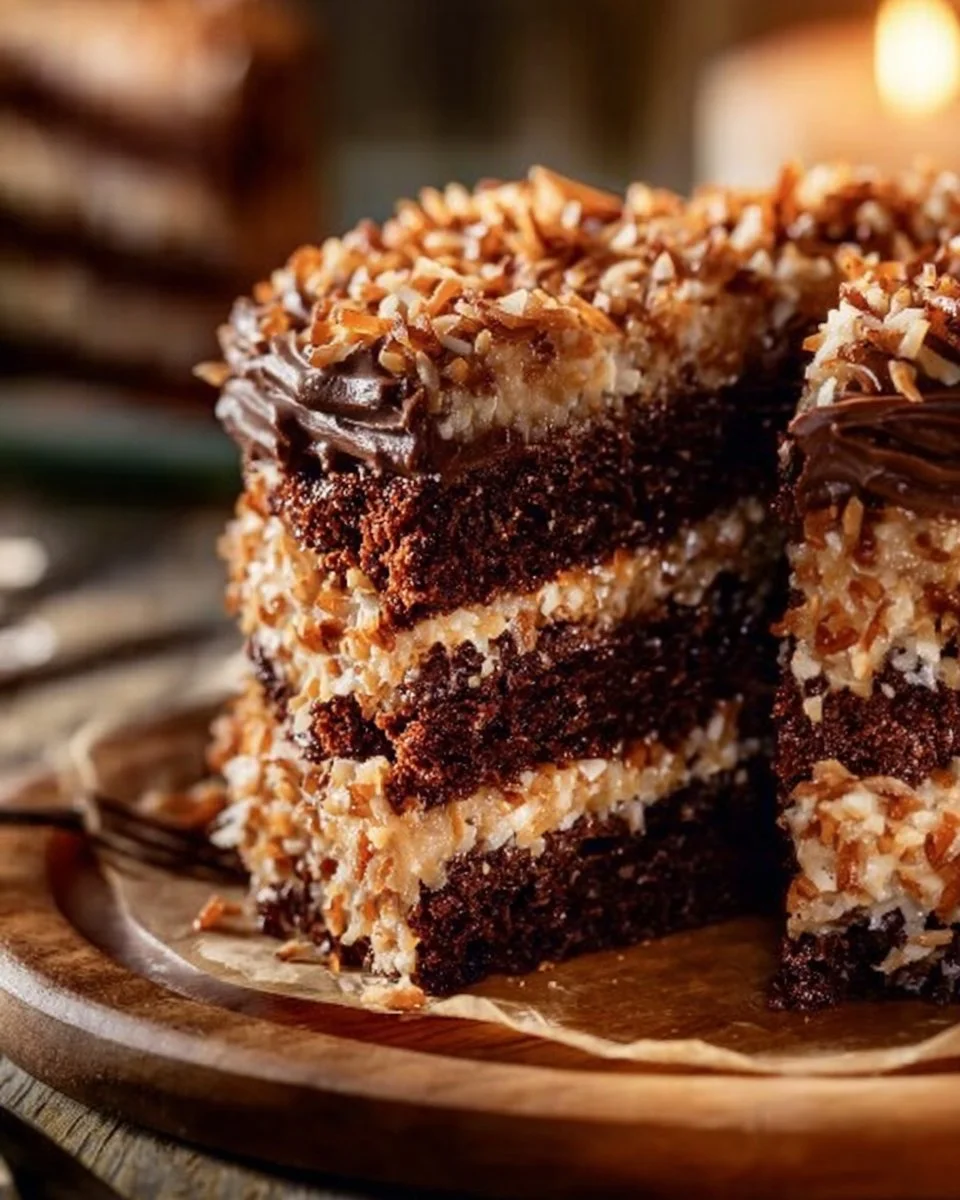 Slice of traditional German chocolate cake with coconut and pecan frosting