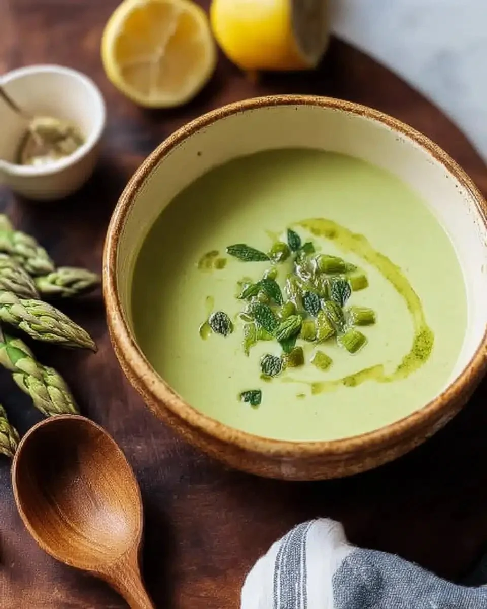 A bowl of creamy asparagus soup garnished with fresh herbs and croutons.