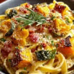 Delicious autumn sausage pasta served in a rustic bowl with herbs
