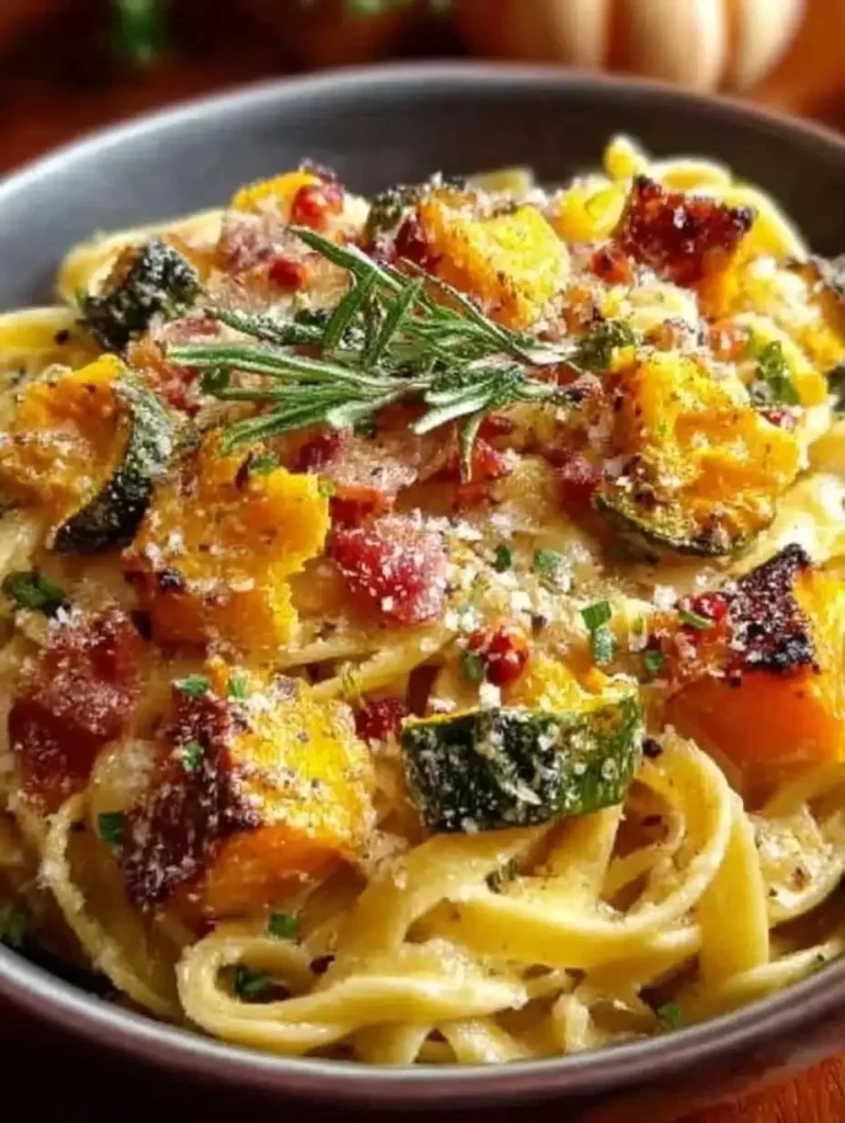 Delicious autumn sausage pasta served in a rustic bowl with herbs