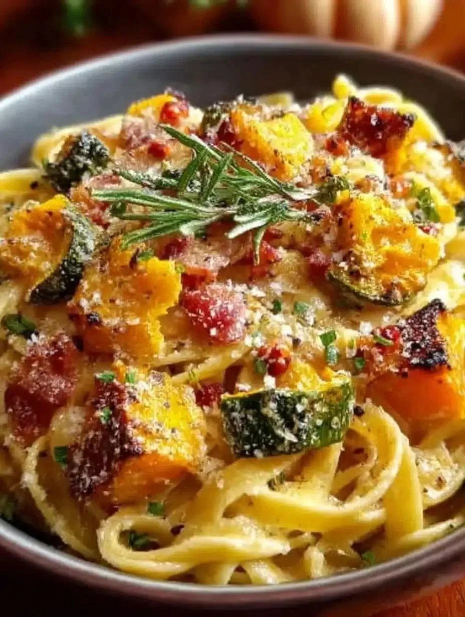 Delicious autumn sausage pasta served in a rustic bowl with herbs