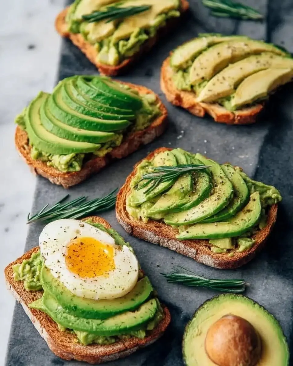 Delicious avocado toast garnished with herbs and spices on a rustic wooden table