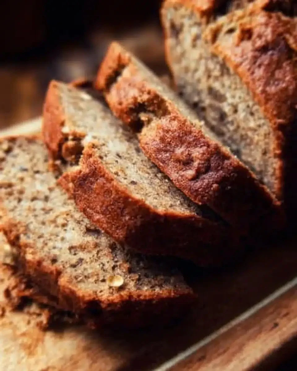 Banana Bread Recipe — My Favorite Moist Loaf 1 Moist banana bread loaf sliced on a wooden board with bananas