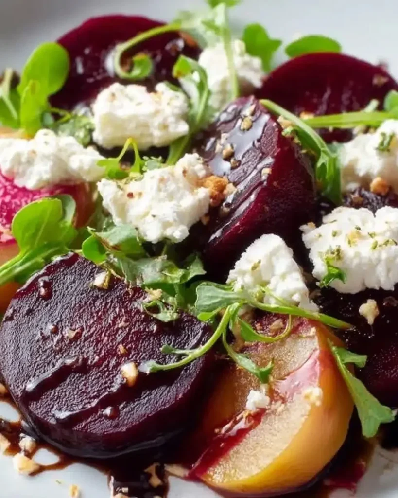 Colorful beet salad with goat cheese and balsamic dressing served in a bowl
